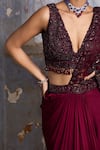 Shop_Nitika Gujral_Maroon Saree Satin Embroidered Bead Plunge V Draped With Neck Blouse _at_Aza_Fashions