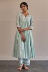 Label Mansi Nagdev_Blue Anarkali Cotton Notched Round Neck Gauri Embroidered Yoke Set _at_Aza_Fashions
