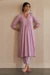 Label Mansi Nagdev_Purple Cotton Embroidery, Lace V-neck Urja Jacquard Floral Pattern Kurta Set _Online_at_Aza_Fashions