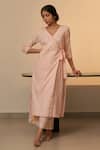 Label Mansi Nagdev_Pink Cotton Sequins, Beads V-neck Tarini Floral Pattern Kurta And Trouser Set _Online_at_Aza_Fashions