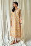 KORA_Yellow Kurta Silk Chanderi Printed Marigold Round Neck Pant Set  _Online_at_Aza_Fashions