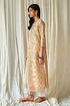 Buy_KORA_Yellow Kurta Silk Chanderi Printed Marigold Round Neck Pant Set  _Online_at_Aza_Fashions