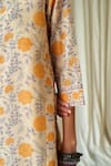 KORA_Yellow Kurta Silk Chanderi Printed Marigold Round Neck Pant Set  _at_Aza_Fashions