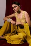 17:17 By Simmi Saboo_Yellow Muslin Silk And Organza Embroidery Thread & Sharara Saree With Bustier _at_Aza_Fashions