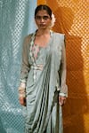 Shop_17:17 By Simmi Saboo_Green Muslin Silk And Organza Embroidery Strawberry Motif Pant Saree With Bustier _Online_at_Aza_Fashions