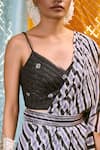 Buy_17:17 by Simmi Saboo_Black Muslin Silk Printed Stripe V Neck Pre-draped Saree With Blouse _Online_at_Aza_Fashions