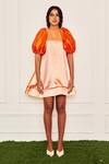 Therealb_Orange Polyester Round Neck Classic Vintage Trapeze Ballon Sleeves Satin Dress _Online_at_Aza_Fashions