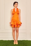 TheRealB_Orange 100% Polyester Plain Halter Thrilling Love Ruffled Mini Dress _Online_at_Aza_Fashions