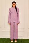Therealb_Purple Polyester Fringe Bandeau Neck Gingham Checked Shirt And Pant Co-ord Set _Online_at_Aza_Fashions