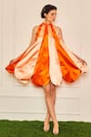 Shop_TheRealB_Orange 100% Polyester Plain Band Collar Victorian Alice Colorblock Trapeze Dress _Online_at_Aza_Fashions