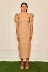 Buy_Therealb_Beige Cotton Square Neck Morden Romance Puffed Sleeve Midi Dress _Online_at_Aza_Fashions