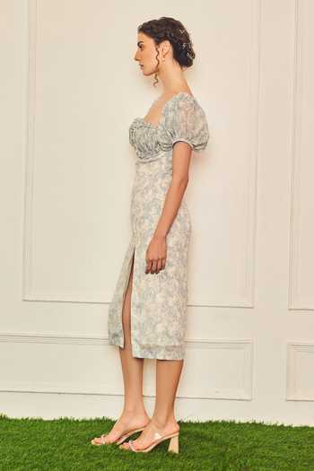 Therealb_Off White Polyester Embroidery Sweetheart Neck Secret Love Printed Dress _Online_at_Aza_Fashions