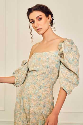 Therealb_Multi Color Polyester Square Neck Fallen Angel Puffed Sleeve Printed Dress  _at_Aza_Fashions