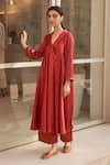 Buy_Dot_Red Maheshwari, Silk, Cotton V-neck Striped Angrakha Kurta And Pant Set _at_Aza_Fashions