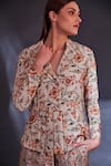 FUGA_Beige Linen Cotton Floral Pattern Notched Pistachio Print Blazer And Pant Set _Online_at_Aza_Fashions