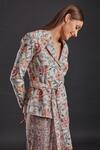 Buy_FUGA_Beige Linen Cotton Floral Pattern Notched Pistachio Print Blazer And Pant Set _Online_at_Aza_Fashions