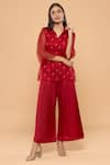 Buy_MAYU KOTHARI_Red Organza Hand Embroidered Roses Collared Neck Shirt And Palazzo Set  _Online_at_Aza_Fashions