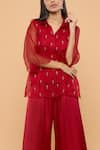 MAYU KOTHARI_Red Organza Hand Embroidered Roses Collared Neck Shirt And Palazzo Set  _Online_at_Aza_Fashions