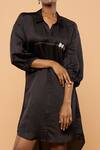 Buy_Mayu Kothari_Black Satin, Linen Embroidery Collared Hand Shirt Dress_Online_at_Aza_Fashions