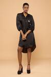 Shop_Mayu Kothari_Black Satin, Linen Embroidery Collared Hand Shirt Dress_Online_at_Aza_Fashions