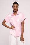 Buy_Mayu Kothari_Pink Satin, Linen Embroidery Shawl Neck Cloud Pattern Shirt_Online_at_Aza_Fashions