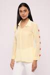 Mayu Kothari_Yellow Crepe Embroidery Shawl Neck Love Birds Patterned Sleeve Apple Cut Shirt_Online_at_Aza_Fashions