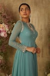 RIA SHAH LABEL_Blue Georgette Embroidered Sequin Keyhole Embellished Fit And Flare Anarkali _Online_at_Aza_Fashions