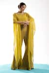 Charu and Vasundhara_Yellow Poncho Organza Embroidery Cheeta Work Round Ernisa Pant Set _Online_at_Aza_Fashions