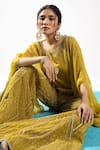 Shop_Charu and Vasundhara_Yellow Poncho Organza Embroidery Cheeta Work Round Ernisa Pant Set _Online_at_Aza_Fashions