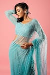 Buy_Quench A Thirst_Blue Georgette Embroidery Pearls Round Neck Hand Saree With Blouse _Online_at_Aza_Fashions