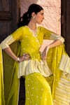Preevin_Green Cotton, Tulle Embroidery, Mirrors Leaf Pattern Peplum Angrakha Sharara Set _at_Aza_Fashions