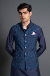 Shop_Raghavendra Rathore Jodhpur_Blue Silk Embroidered Floral Waistcoat _Online_at_Aza_Fashions