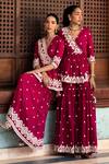 PREEVIN_Fuchsia Cotton Mulmul Embroidered And Short Angarkha Sharara Set  _Online_at_Aza_Fashions
