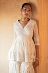 PREEVIN_Off White Peplum Top Cotton Mulmul Embroidered Thread V Neck Sharara Set _Online_at_Aza_Fashions