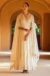Preevin_Off White Cotton, Tulle, Net Ruffle Hem Angrakha Anarkali With Dupatta _at_Aza_Fashions