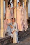 Shop_PREEVIN_Pink Peplum Top Cotton Mulmul Embroidery Thread Angrakha Sharara Set _Online_at_Aza_Fashions
