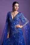 PARUL GANDHI_Blue Mesh With Silk Underlining Embroidered Crystal Moonlight Cape Sleeve Gown _Online_at_Aza_Fashions