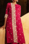 PREEVIN_Fuchsia Kurta And Pant Cotton Mulmul Embroidered Floral With  _at_Aza_Fashions