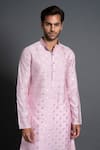 Buy_Raghavendra Rathore Jodhpur_Pink Chanderi Silk Embroidered Thread Floral Woven Kurta _Online_at_Aza_Fashions