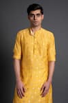 Shop_Raghavendra Rathore Jodhpur_Yellow Chanderi Silk Embroidered Thread Floral Pattern Kurta _Online_at_Aza_Fashions