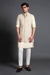 Raghavendra Rathore Jodhpur_Beige Silk Embroidered Thread And Pearl Work Waistcoat For Men_Online_at_Aza_Fashions