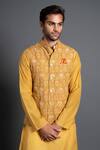 Shop_Raghavendra Rathore Jodhpur_Yellow Silk Embroidered Jharokha Waistcoat For Men_Online_at_Aza_Fashions