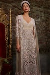 Cherie D_Grey Tulle And Silk Embellishment Bead V Duchess Column Gown With Cape _Online_at_Aza_Fashions