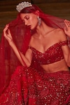 Cherie D_Red Tulle Embroidery Thread Sweetheart Neck Maharani Lehenga Set _Online_at_Aza_Fashions