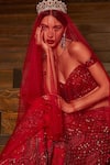 Buy_Cherie D_Red Tulle Embroidery Thread Sweetheart Neck Maharani Lehenga Set _Online_at_Aza_Fashions
