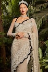 Cherie D_Grey Tulle Embroidery Pearl Reina Pre-draped Saree With Blouse _Online_at_Aza_Fashions