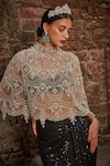 Buy_Cherie D_Silver Tulle Silk Embroidery Crystal Majesty Cape And Draped Skirt Set _Online_at_Aza_Fashions