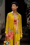 Paulmi and Harsh_Yellow Crepe Hand Painted Digital Prints Floral Refreshing And Pant Set _Online_at_Aza_Fashions