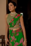 Buy_Paulmi and Harsh_Green Saree Georgette Printed Floral Full Bloom Pre-draped Set _Online_at_Aza_Fashions