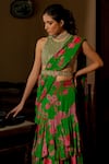 Shop_Paulmi and Harsh_Green Saree Georgette Printed Floral Full Bloom Pre-draped Set _Online_at_Aza_Fashions
